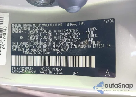 2005 Toyota Sienna Le from USA, damaged, VIN 5TDBA23C95S036104
